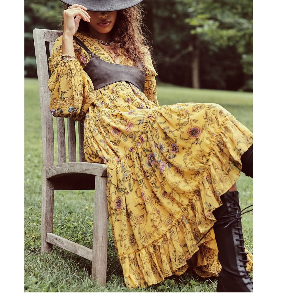 Free People Cassis Printed Chiffon Dress Tumeric Combo